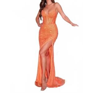 NEW LADIVINE dazzle strapless fully beaded gown in orange